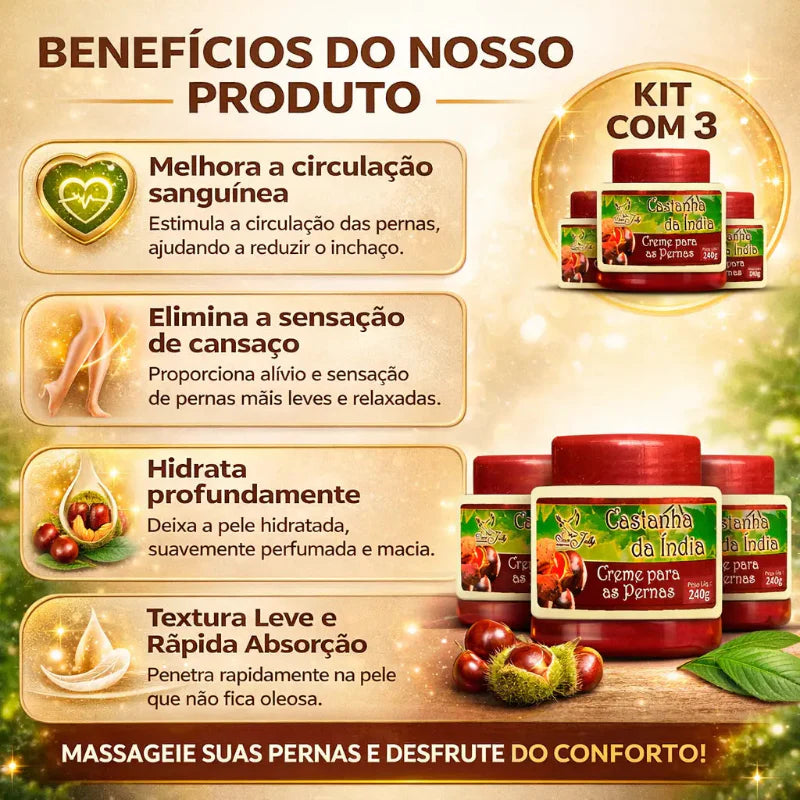 Creme Castanha da Índia para Pernas Cansadas e Inchaço 240g – Kit com 3 | Kaype Store
